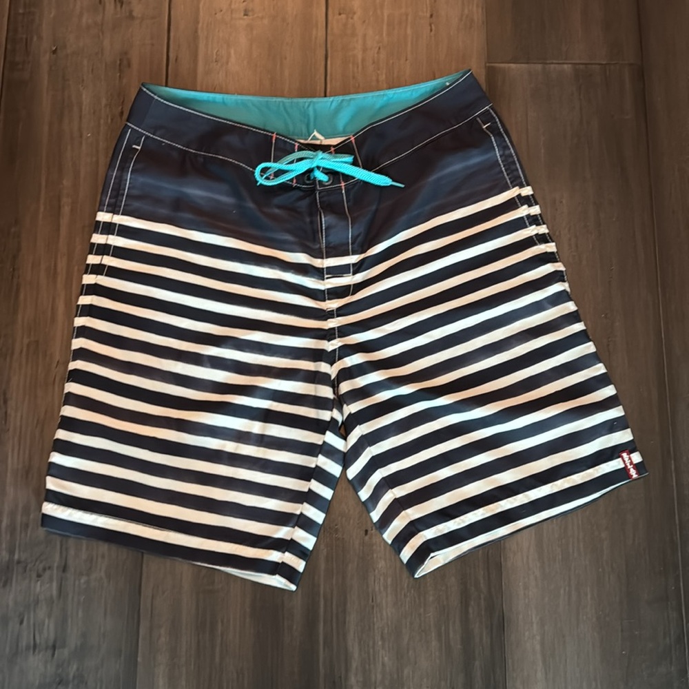 Tommy Bahama Board Shorts Swim Suit Dark Blue Ombre with White Stripes Size 32